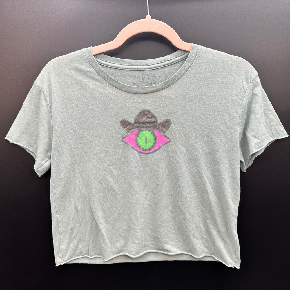 Meow Wolf Graphic Crop Top Sage Green Neon Cowboy Cat Eye Small